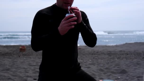 Young Man Drinking Mate Surfing Pichilemu Punta Lobos Chile Waves — Stock Video