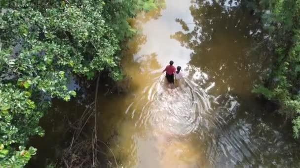 Lonely Family Struggling Flooded Street Caused Heavy Rainfall Cambodia Aerial — Stockvideo