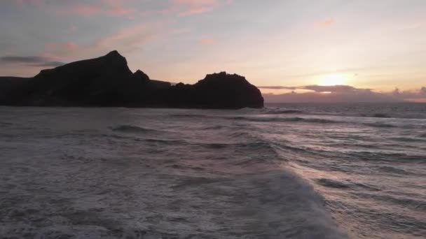 Silhouetted Rocks Calheta Beach Sunset — ストック動画