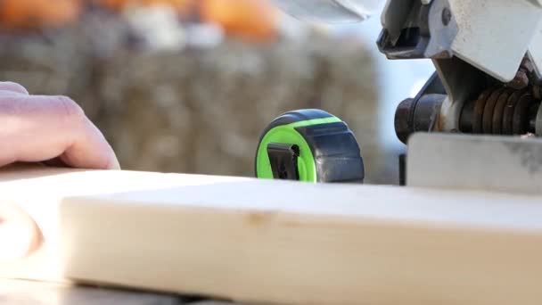 Plank Wood Being Cut Fixed Metal Machine Circular Saw Close — Stock Video