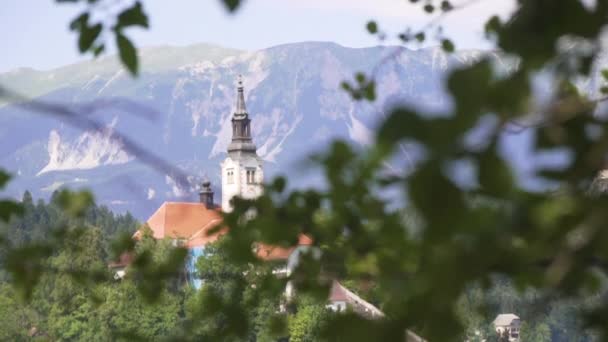 Church Mother God Lake Bled Leafs Pan Slow Motion — Stockvideo