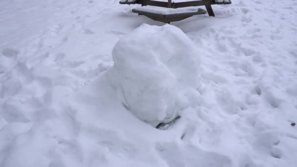 Een Kleine Sneeuwbal Grond Tijdens Het Bewegen Picknicktafels Bomen Laten — Stockvideo