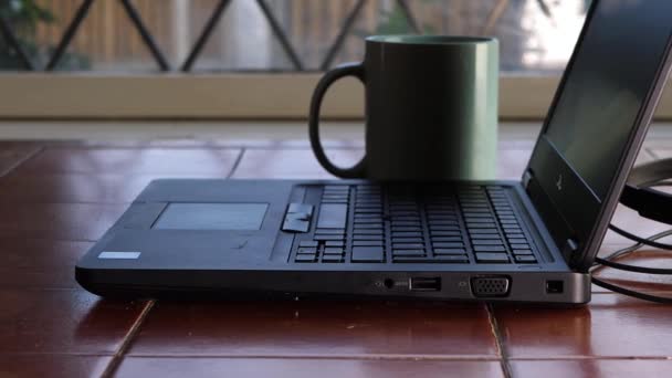 Working Home Laptop Headset Dolly Slider Medium Shot — Stockvideo