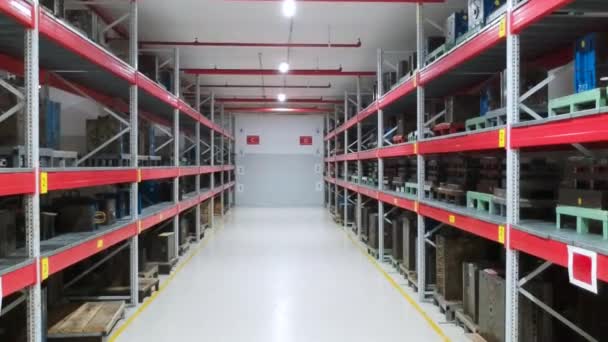 Indoor Warehouse Shelves Technology Engineering Products — стоковое видео