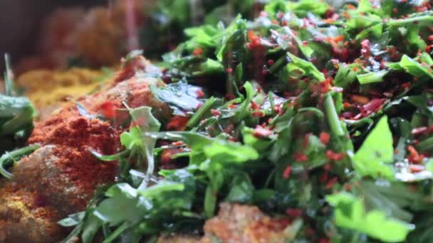Close Shot Perparation Turkish Dolma Meal Rice Red Pepper Parsley — Stockvideo