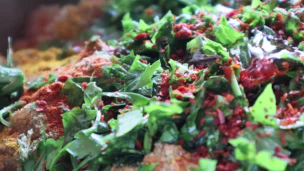 Colorful Turkish Dish Spilled Liquid Cooking Oriental Dolma Ingredients Macro — Vídeos de Stock