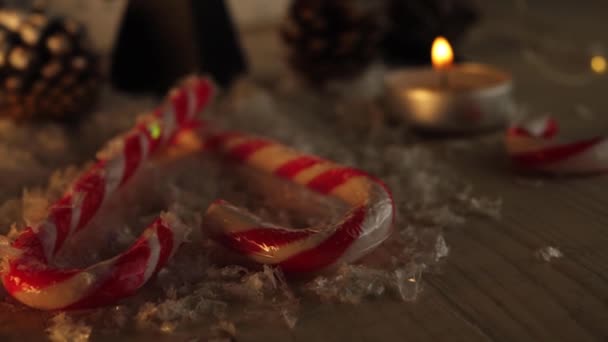 Candy Cane Love Heart Christmas Decorations Warm Candle Scene Zoom — Stock video