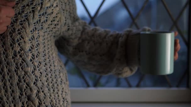 Woman Reaching Mug Hot Tea Window Medium Shot — Vídeo de stock