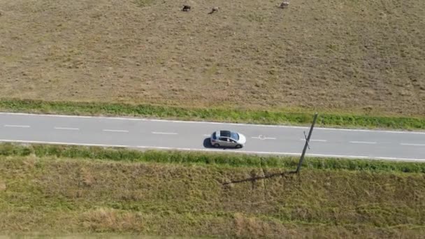 Driving Car Empty Rural Road View Side Front Drone Footage — Vídeos de Stock