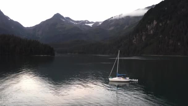 Reflections Serene Crystal Lake Water Ship Floating Surrounded Snow Mountains — Stock Video