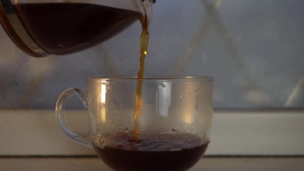 Pouring Freshly Brewed Hot Coffee Winter Window Close Shot — Stockvideo