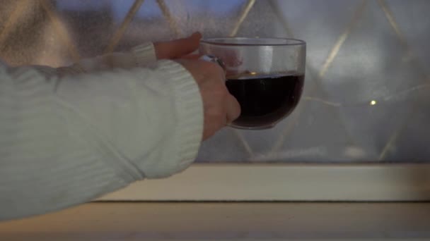 Frau Mit Einem Becher Heißem Kaffeegetränk Winterfenster Mittel Erschossen — Stockvideo