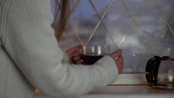 Woman Drinking Mug Fresh Brewed Coffee Window Medium Shot — ストック動画