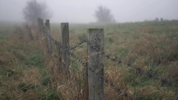 Barbed Wire Fence Farmland Foggy Misty Day Wide Shot — Video Stock