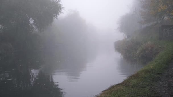 Empty Lonely Canal Pathway Foggy Winter Wide — ストック動画