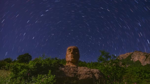 Stone Statute Moving Stars Dark Blue Sky Hyrcanian Forest Iran — Stockvideo