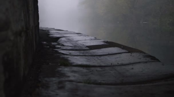 Lonely Canal Pathway Foggy Day Panning Shot — Stockvideo