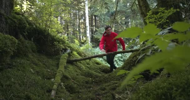 Adult Man Red Jacket Shoes Running Jumping Fallen Tree Branch — 비디오