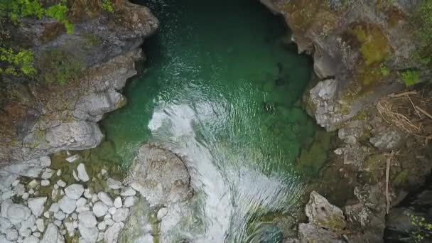 Aerial Top Slow Motion Rio Azul Stream Flowing Surrounded Rocks — Stockvideo