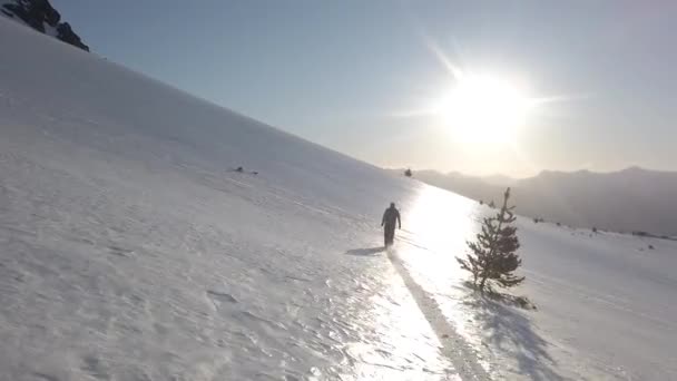 Dolly Man Skiing Alone Snow Covered Piltriquitron Hill Sunset Bolsn — Stock video