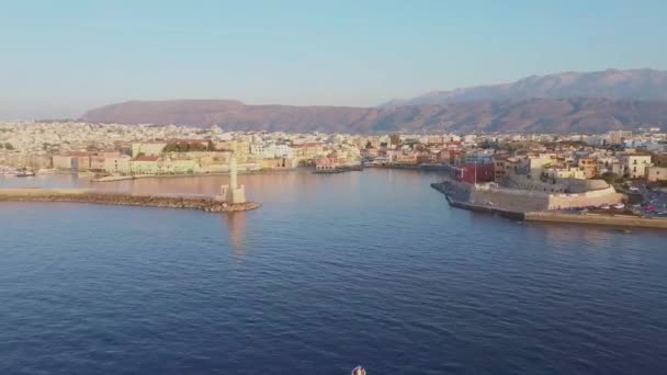 Venetian Old Port Chania Famous Lighthouse Traditional Character Aerial — Stockvideo