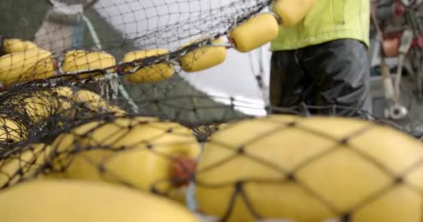 Fisherman Sets Fishing Net Floats Boat Deck Close Slowmotion — Stok video