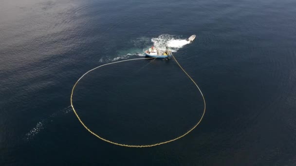 Aerial View Fishing Ship Net Circle Shape Collecting Fish Ocean — Video Stock