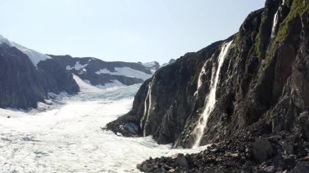 Glacier Glacial Waterfall Alaska Usa Aerial View Icy Water Falling — Stockvideo