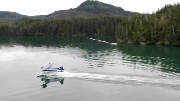 Float Plane Aircraft Taking Air Sea Lagoon Alaskan Coastline Tracking — Stockvideo