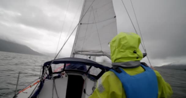 Sailing Coast Alaska Rough Sea Dramatic Sky Female Sailboat Rudder — Stock video