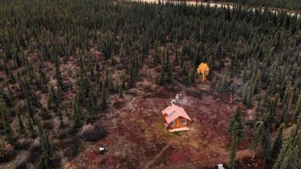 Aerial View Isolated House Smoking Chimney Alaskan Coniferous Forest Faitytale — Stock Video