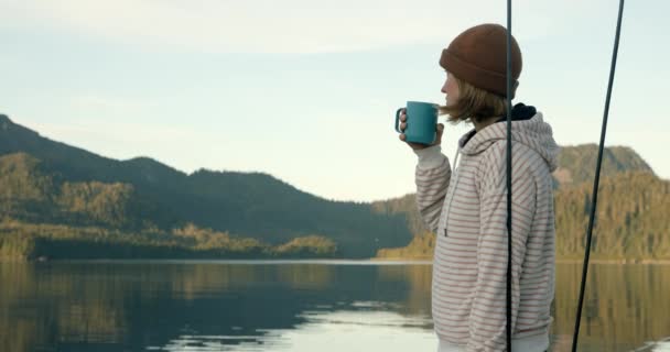 Slow Motion Young Woman Drinking Morning Coffee Tea Lake Alaska — Vídeos de Stock