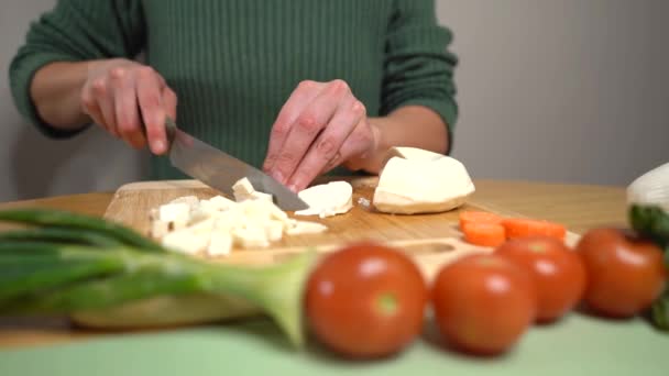 Healthy Food Decoration Woman Cutting Fresh Cheese — Stockvideo