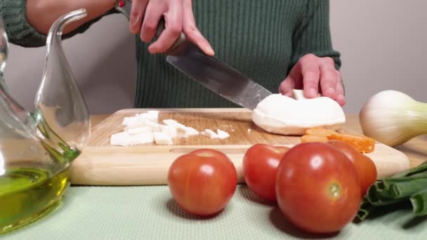 Woman Cutting Fresh Cheese Table Healthy Food — Stockvideo