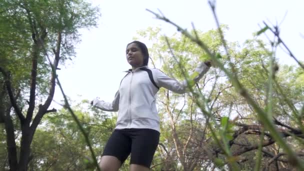 Athletic Beautiful Woman Exercises Jump Skipping Rope Forest Sporty Woman — Stock Video