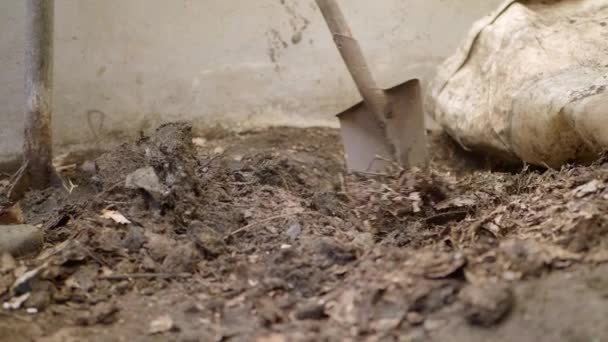 Shovel Digging Pile Soil Slow Motion — ストック動画