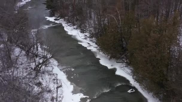 Icy Winter River Forests Aerial High Medium Wide — Vídeos de Stock