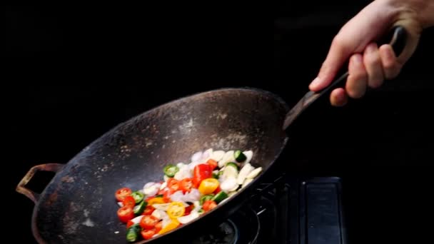 Slow Motion Chopped Chili Onion Tossing Cooking Pan Black Backdrop — Stockvideo