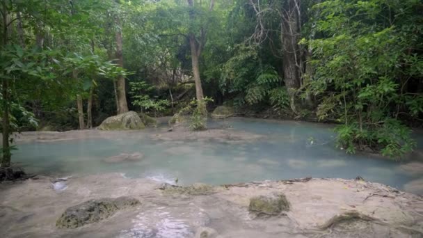 Panoramique Mouvement Lent Gauche Droite Étang Eau Bleue Entouré Arbres — Video