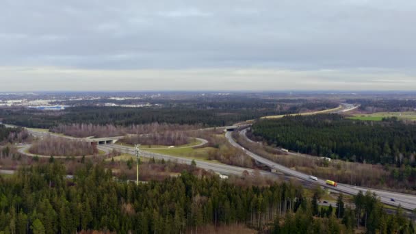 German Highway Driving Passenger Cars Lorrys Aerial View Curvy Departure — Stockvideo