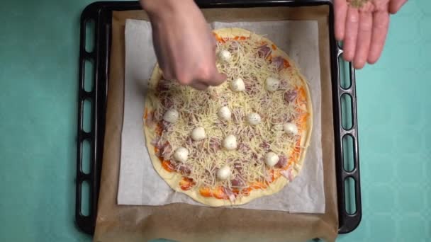 Zoom Homemade Pizza While Hands Place Oregano — 图库视频影像