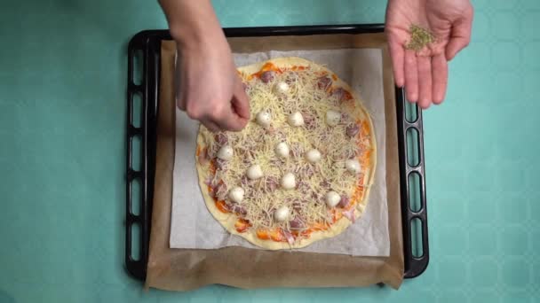 Aerial View Hands Oregano Woman Putting Ingredient Homemade Pizza — Vídeo de Stock