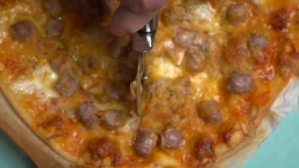 Aerial View Woman Hands Cutting Pizza Cutter — Vídeos de Stock