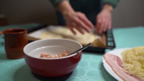 Selective Focus Woman Opening Pizza Dough Baking Tray – Stock-video
