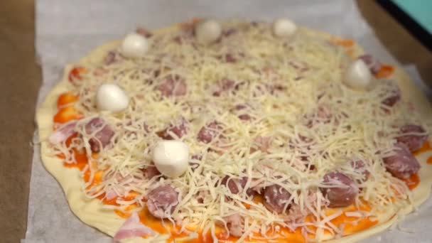 Hand Placing Mozzarella Cheese Balls Homemade Pizza — Vídeos de Stock