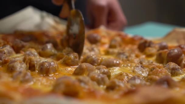 Selective Focus Woman Hands Cutting Pizza Cutter — Vídeos de Stock