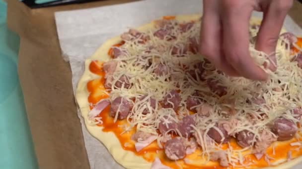 Selective Focus Hand Slowly Putting Cheese Homemade Pizza — Stok video