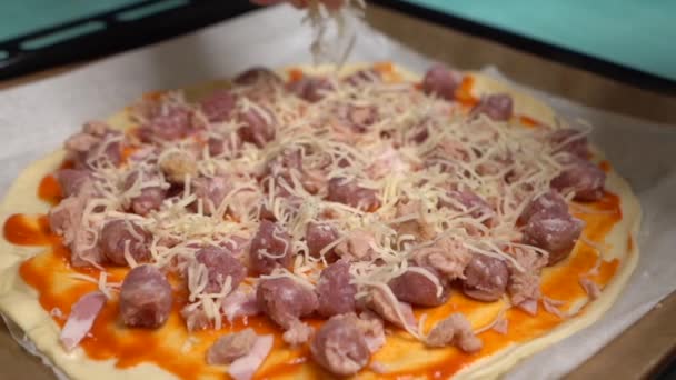 Putting Grated Cheese Homemade Pizza — Vídeo de Stock