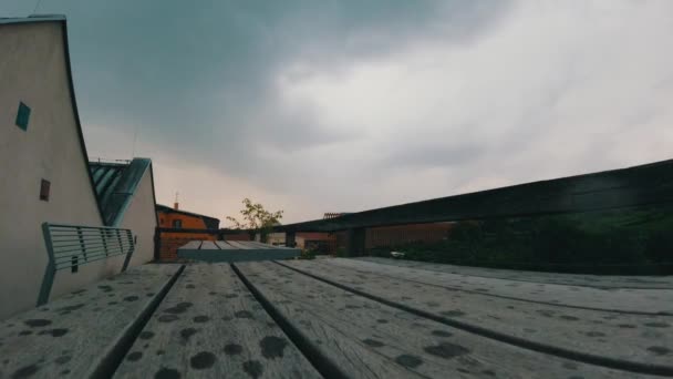 Rain Falls Wooden Balcony Floor Storm Low Level Shot Time — Stock videók