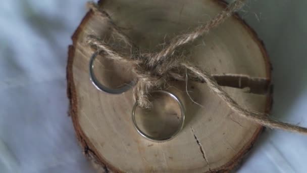 Two Gold Diamonds Wedding Rings Bands Slice Live Edge Wood — Stock video